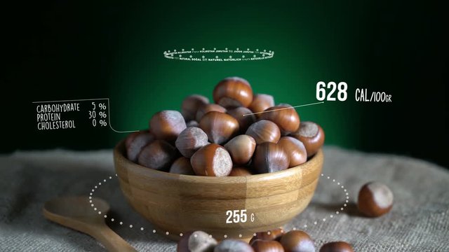 Infographic of Hazelnut with vitamins, microelements minerals. Energy, calorie and component