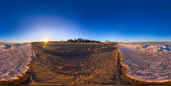 360 180 sunrise panorama border the sandy beach and of Lake Baik