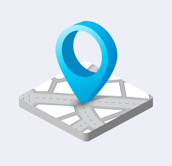 Isometric pin icon on the navigation map for positioning travel and transport