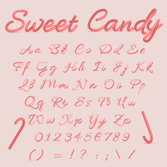 Sweet Candy. Candy Cane Alphabet. Christmas striped alphabet letters. Hand written alphabet from A to Z Vector illustration