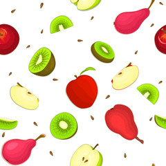 Seamless vector pattern of ripe apple kiwi pear fruit. White background with delicious juicy pears kiwifruit apples slice half. Vector fresh fruit Illustration for printing on fabric, textile design