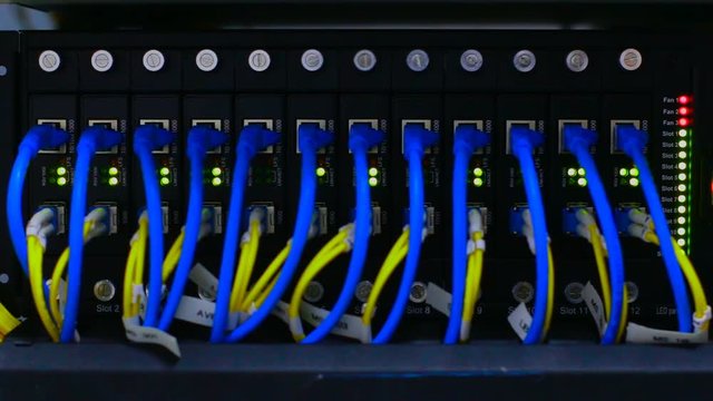 Fiber connectivity, network, Server network cables installed in the rack.