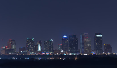 Fototapeta na wymiar Night view of Tampa Florida skyline with lighted buildings and dark tree line in the foreground