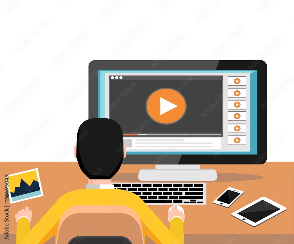 Poster watching video on computer. streaming online video. play button watch media load concept. video tuto