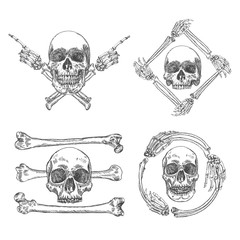 Set of Skulls crossbones, made of hands with gestures or in the frame made of hands bones. Occult witch craft magic portrait of the dead human head. Handmade detailed drawing. Vector illustration.