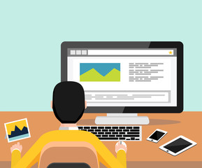 Person blogging on computer. Template blogging infographics. Modern flat design for Web Banner , Website Element , Brochures, or Book cover