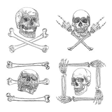 Set of Skulls crossbones, made of hands with gestures or in the frame made of hands bones. Occult witch craft magic portrait of the dead human head. Handmade detailed drawing. Vector illustration.