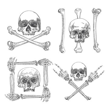 Set of Skulls crossbones, made of hands with gestures or in the frame made of hands bones. Occult witch craft magic portrait of the dead human head. Handmade detailed drawing. Vector illustration.
