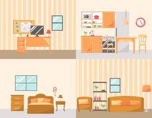 Set of Colorful Room Interiors with Furniture Icons: Living Room, Bedroom, Kitchen and Workplace.
