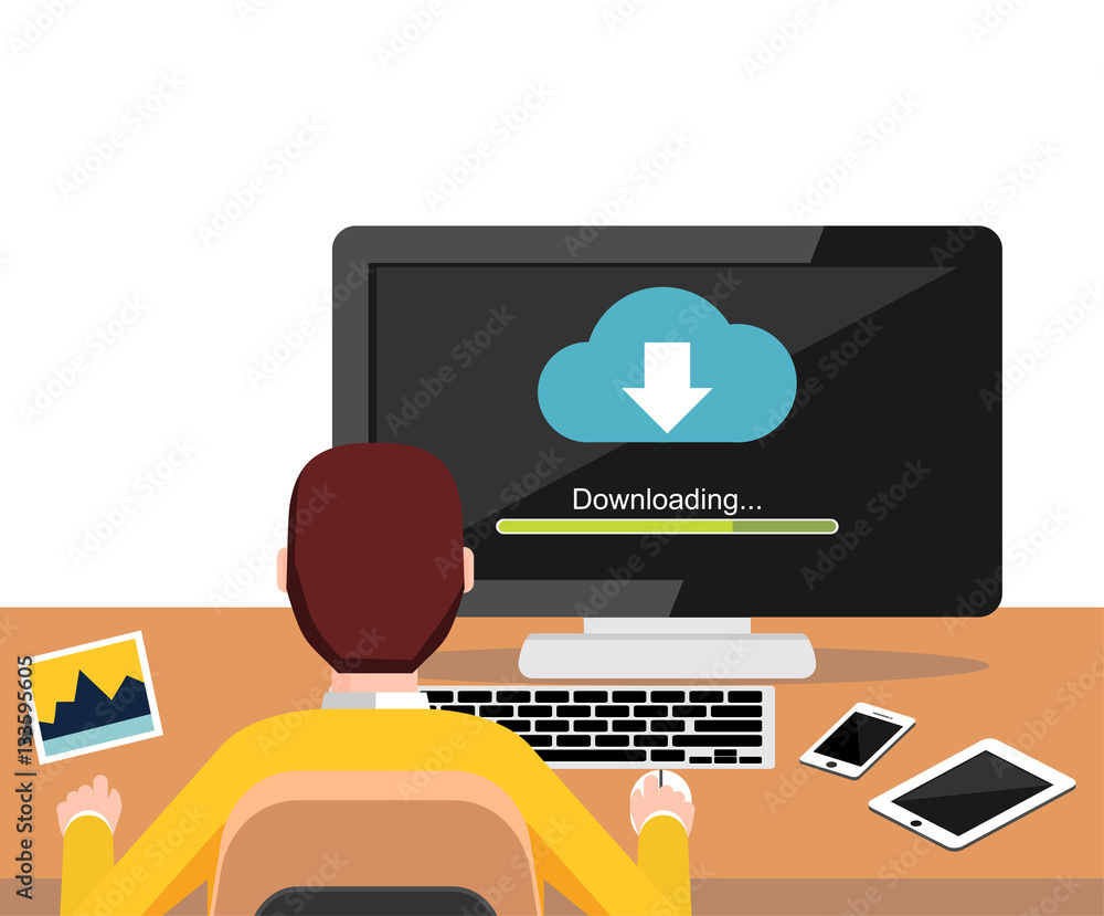 Poster downloading process on desktop screen concept. person working on computer. modern flat design for we