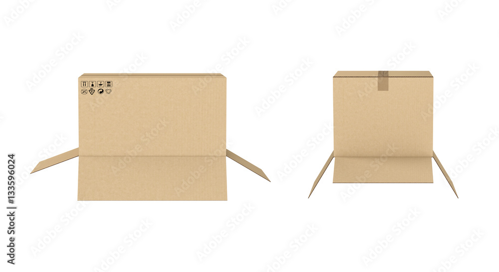 Poster rendering two open cardboard boxes of different size isolated on white background