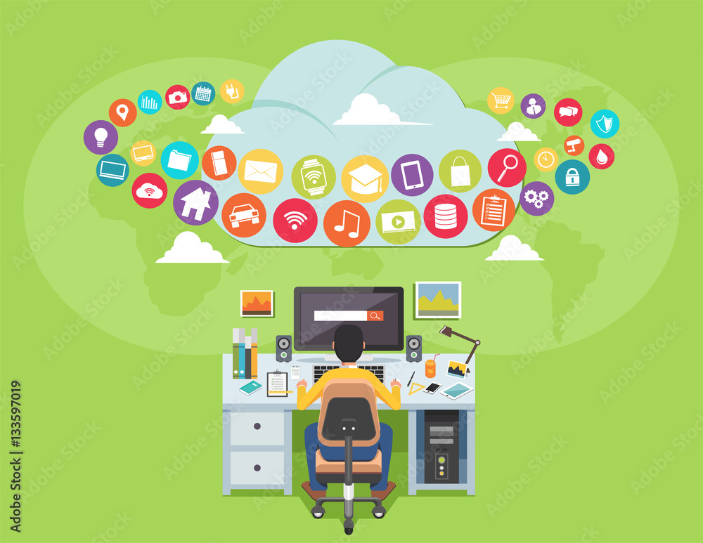 Poster surfing on the internet. man accessing internet contents. internet user. illustration for web banner