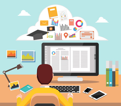 Student studying on computer  College supplies.  E-learning concept illustration for web banner, element, template, or infographics