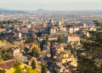 Fototapeta na wymiar Bergamo - Old city (Citta Alta). One of the beautiful city in Italy. Lombardia. Landscape of the old city from San Vigilio during a beautiful clear day.