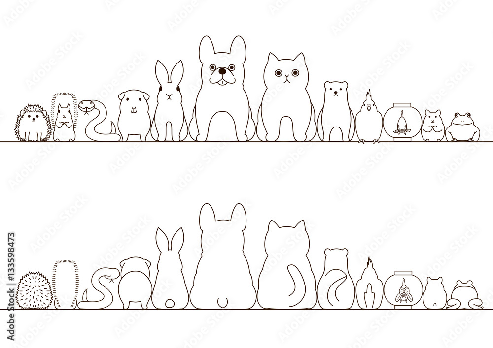 Wall mural pet animals border set, front view and rear view, line art