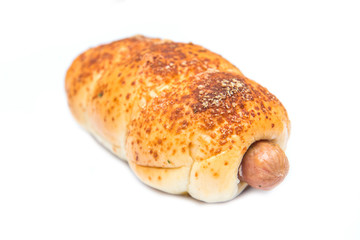 Bread with sausage on white background