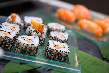 Delicious sushi set on dish