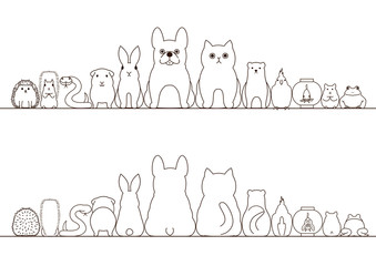 pet animals border set, front view and rear view, line art