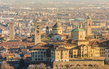 Fototapeta na wymiar Bergamo - Old city (Citta Alta). One of the beautiful city in Italy. Lombardia. Landscape of the old city from San Vigilio during a beautiful clear day.