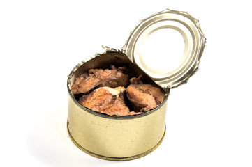 Opened metal can with conserved sardines fish isolated with clipping path