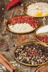 Obraz na płótnie Canvas Variety of spice powders in metal plates on wooden board