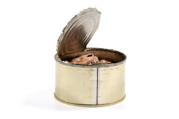 Opened metal can with conserved sardines fish isolated with clipping path