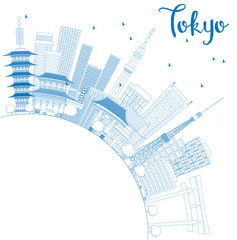 Outline Tokyo Skyline with Blue Buildings and Copy Space.
