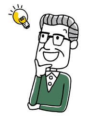 シニア男性：笑顔で上を見上げる、思い浮かべる、考える
