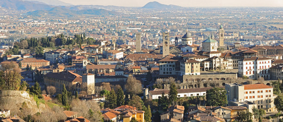 Bergamo - Old city (Citta Alta). One of the beautiful city in Italy. Lombardia. Landscape of the old city from San Vigilio during a beautiful clear day.