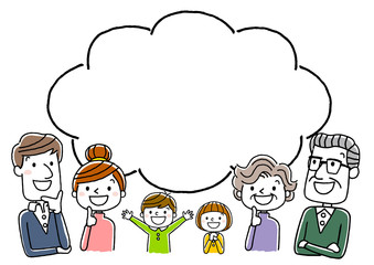 3世代家族：笑顔で上を見上げる、思い浮かべる、考える
