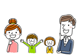 4人家族：笑顔で上を見上げる、思い浮かべる、考える
