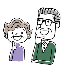 シニア夫婦：笑顔で上を見上げる、思い浮かべる、考える
