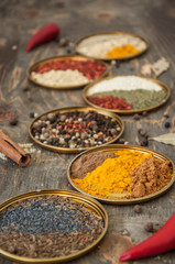 Colorful spices in metal spoons