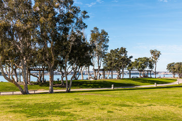 Pathway through Embarcadero Marina Park North near Seaport Village in San Diego, California.