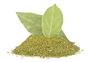 Bay leaves and crushed bay leaves isolated on white background