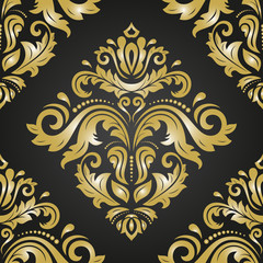 Fototapeta premium Oriental vector classic black and golden pattern. Seamless abstract background with repeating elements. Orient background