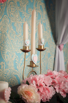 romantic interior, candles with hearts