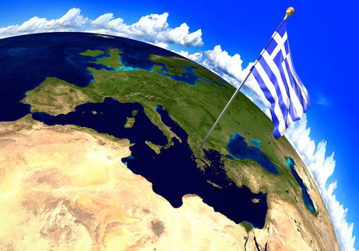 Greece national flag marking the country location on world map. 3D rendering, parts of this image furnished by NASA
