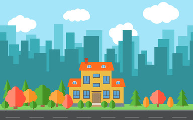 Vector city with cartoon houses and buildings. City space with road on flat style background concept. Summer urban landscape. Street view with cityscape on a background
