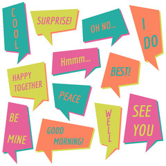 Set of speech bubbles on a white background with different inscriptions in the middle. Speech bubbles with short phrases. Vector illustration.
