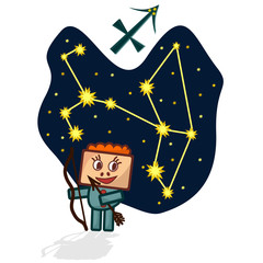 Cartoon Zodiac signs. Vector illustration of the Sagittarius with a rectangular face. A schematic arrangement of stars in the constellation Sagittarius