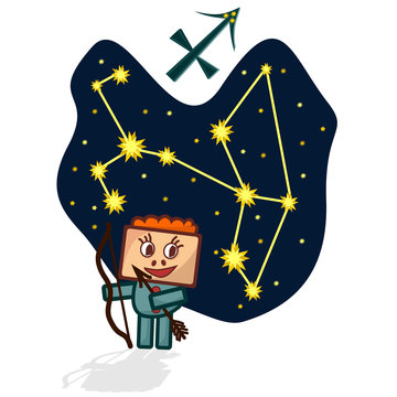 Cartoon Zodiac signs. Vector illustration of the Sagittarius with a rectangular face. A schematic arrangement of stars in the constellation Sagittarius