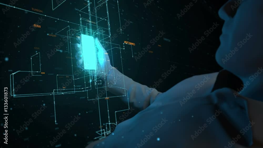 Aufkleber 3d rendering technology sequence. man holding a gadget in hand. information spread across space and 