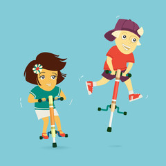 Boy and Girl Ride on Jumpers Vector Illustration