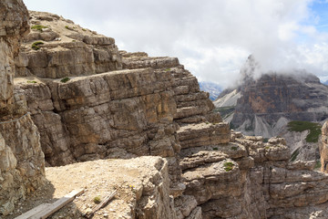 Fototapeta na wymiar Footpath Alpinisteig and Sexten Dolomites mountain panorama in South Tyrol, Italy