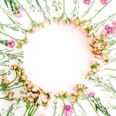 Obraz na płótnie Canvas Wreath frame made of wildflowers. Flat lay, top view. Valentine's background