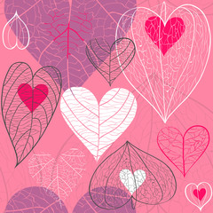 Seamless vector pattern of red and white hearts with plant veins, physalis and leaves on pink background. Concept of for Valentine's Day, weddings, autumn.