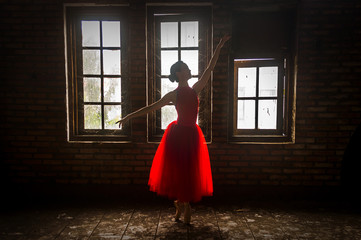 beautiful ballerina woman dancing and posing with beautiful red tutu. image