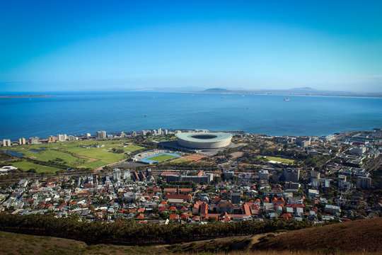 View on Cape Town stadium, residential area and port, South Africa