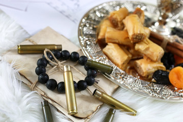 Eastern sweets table on a silver platter baklava and Tamarind